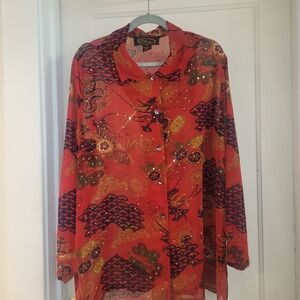 Vibrant Red Sheer Button-Up Blouse